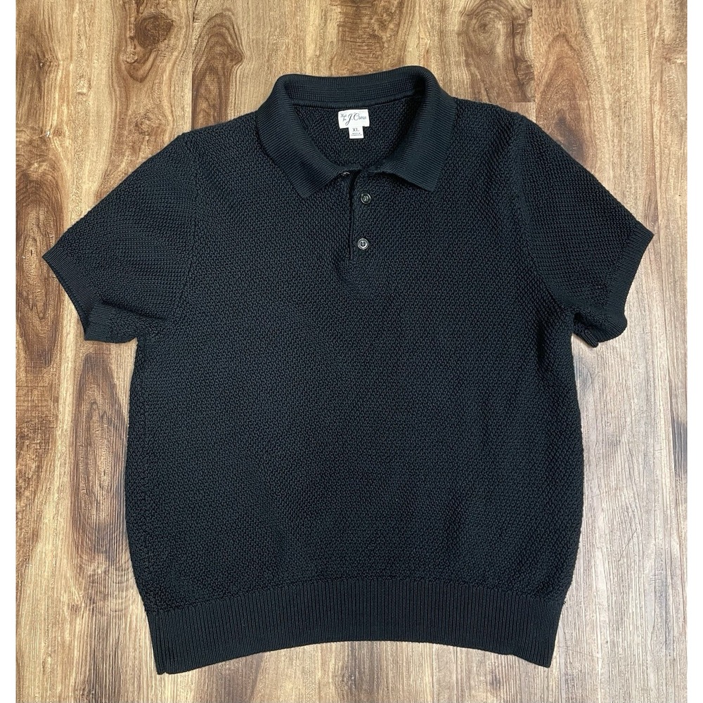 J Crew Polo Men XL Black Textured Knit Cotton Short Sleeve Classic Pullover